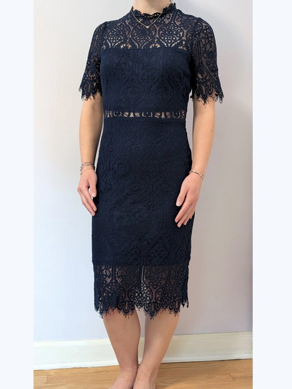 Lulus Navy Sheer Lace Short Sleeve Midi Dress, Cocktail, Wedding, Cotton, Small